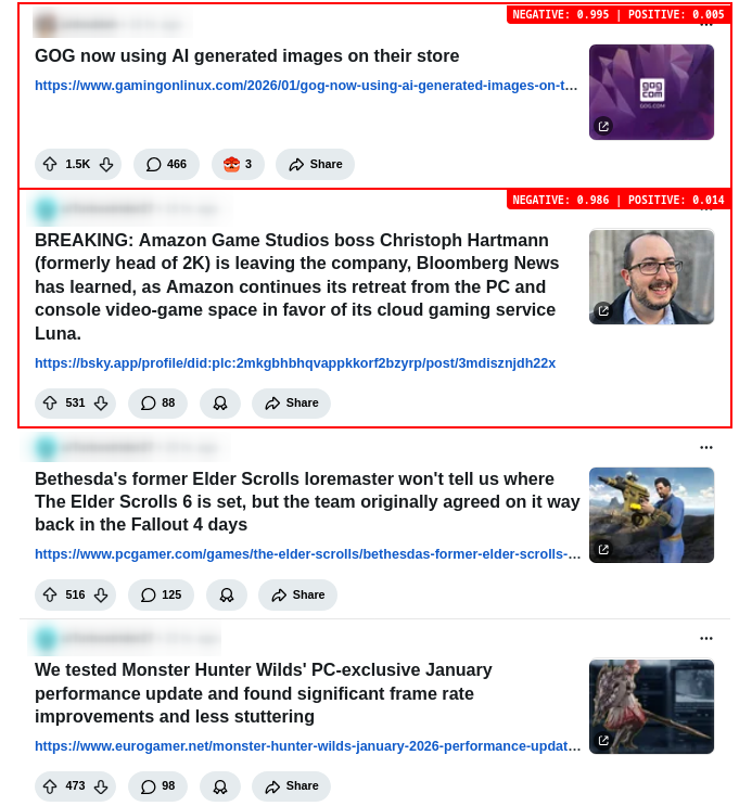 A screenshot showing Ragebait Block running on Reddit in debug mode, with negative posts surrounded by a red border
